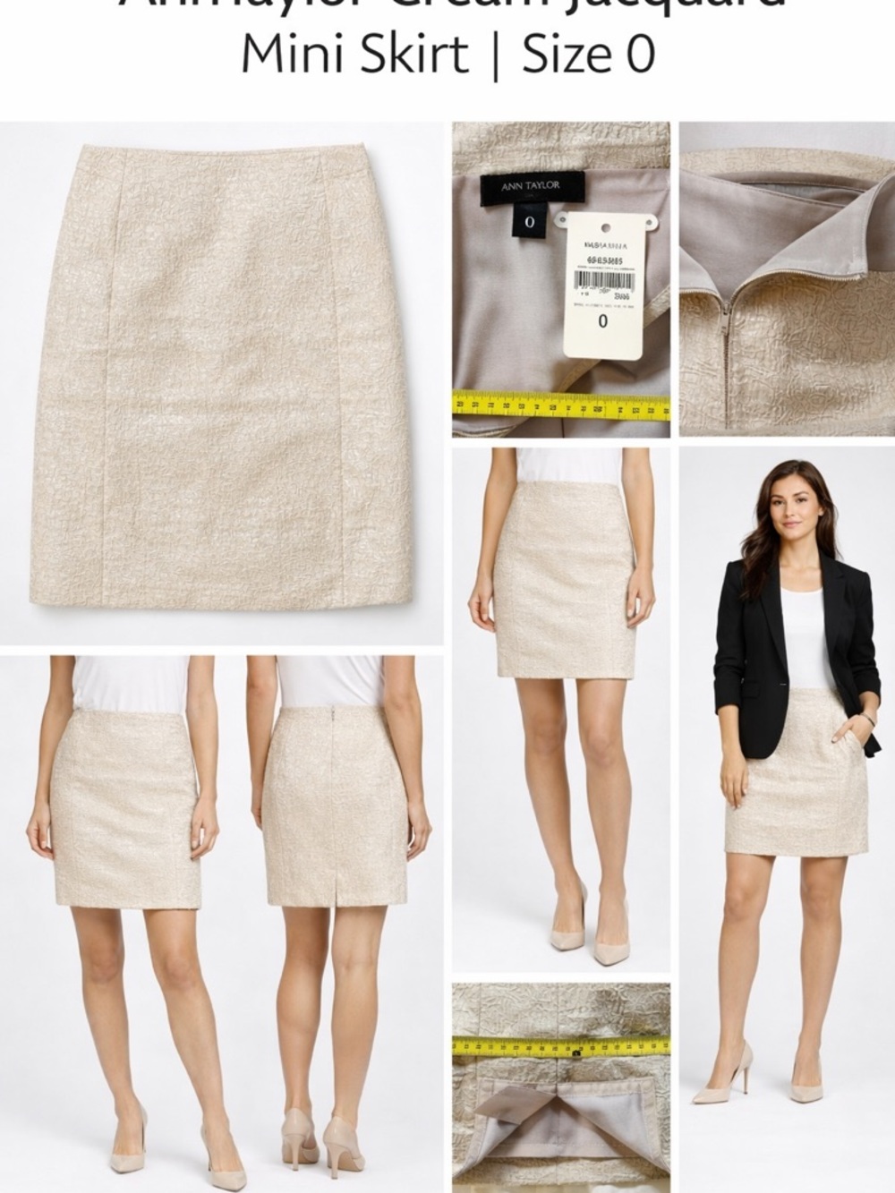 Ann Taylor Cream Jacquard Mini Skirt Size 0 Lined Textured Career Elegant NWT - Picture 3 of 10